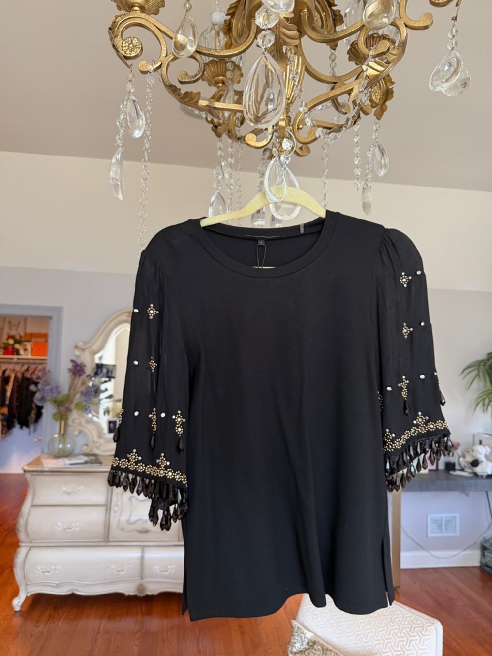 Kobi Halperin Black Crewneck Top with beaded sleeves Detail